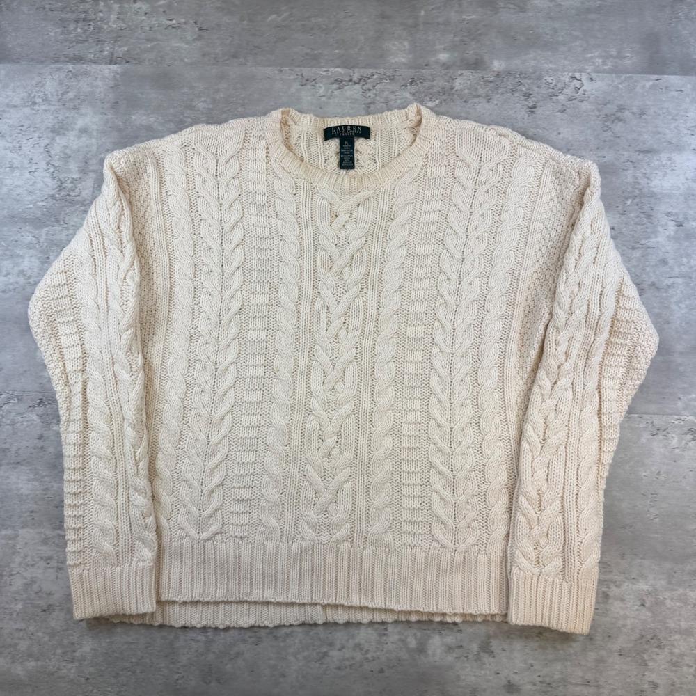 Lauren Ralph Lauren Petite Cream Cable Knit Cotton Blend Sweater PL Crew Neck